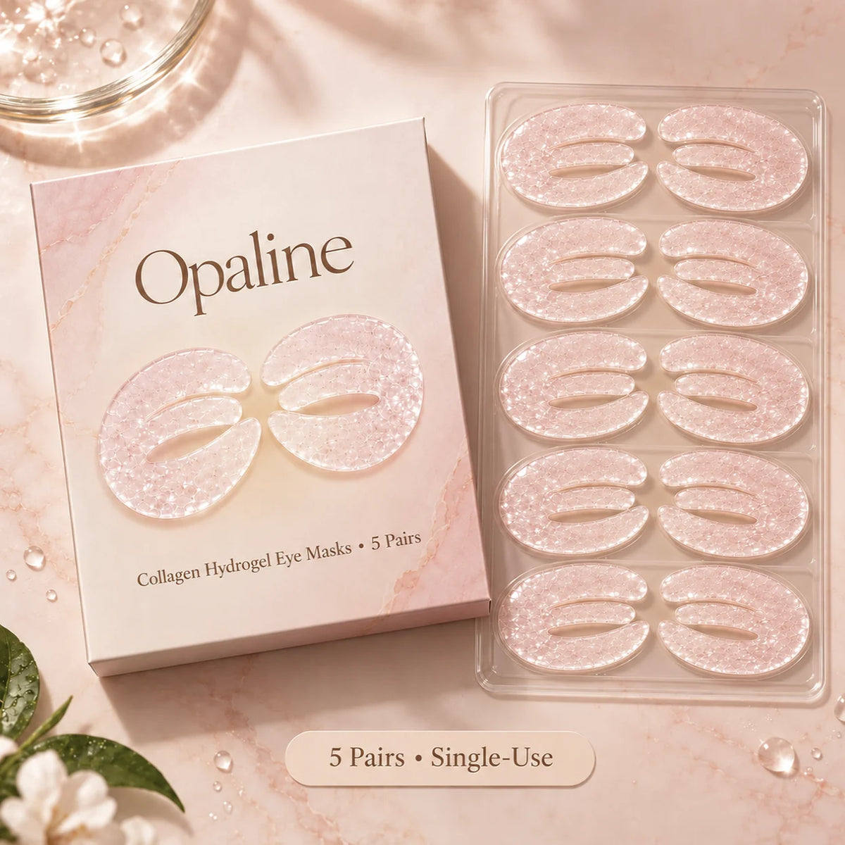 What's in the box: 5 pairs of single-use Opaline™ collagen hydrogel eye masks