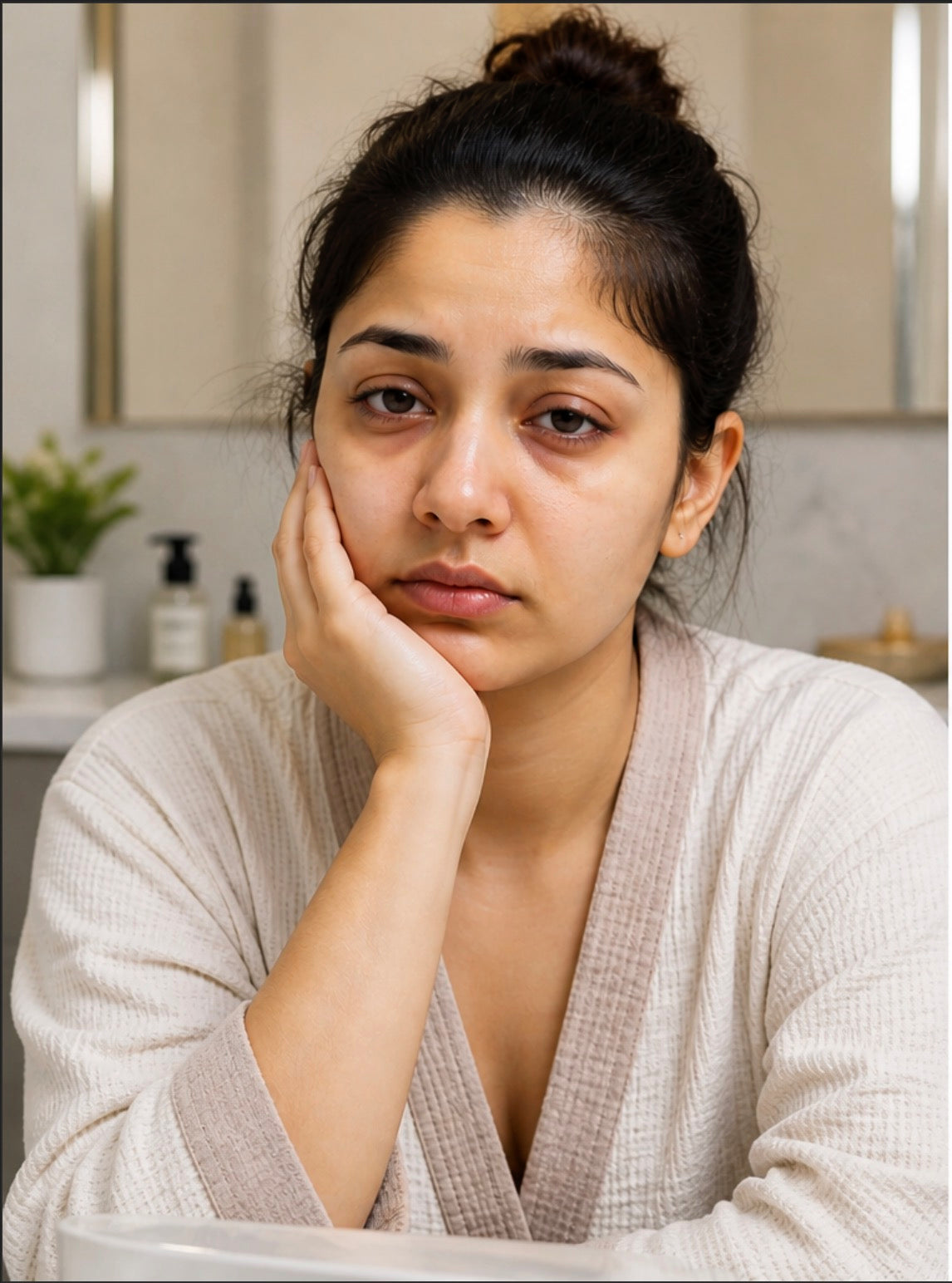 Before using Zifora CryoVeil with visible puffiness and tired skin