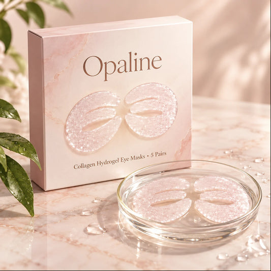 Opaline collagen hydrogel eye masks box with two pairs of patches on blush marble