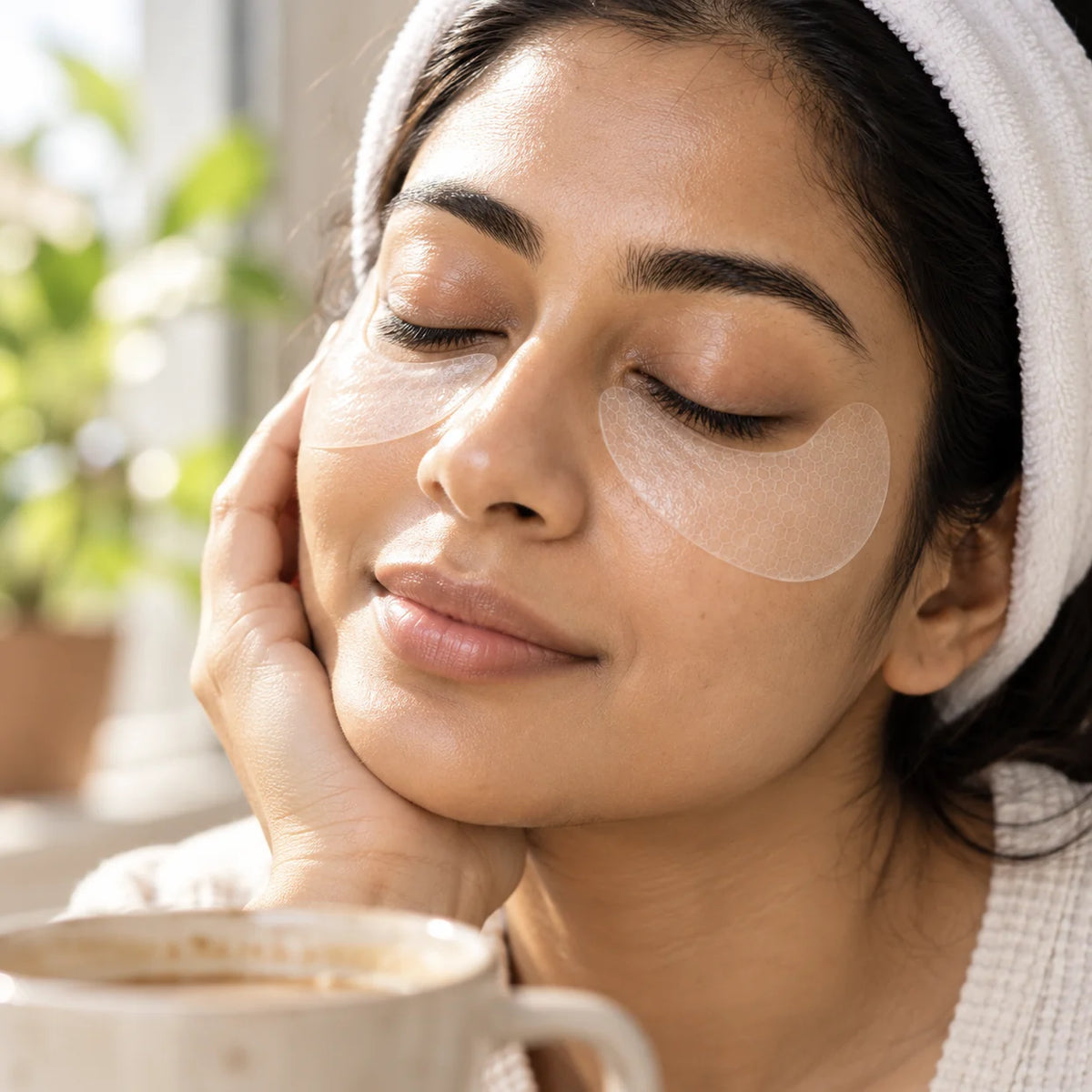 Woman relaxing with Opaline hydrogel eye patches under her eyes by a sunny window