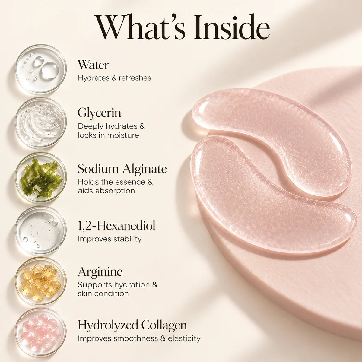 What's inside Opaline eye masks: water, glycerin, sodium alginate, 1,2-hexanediol, arginine, hydrolyzed collagen