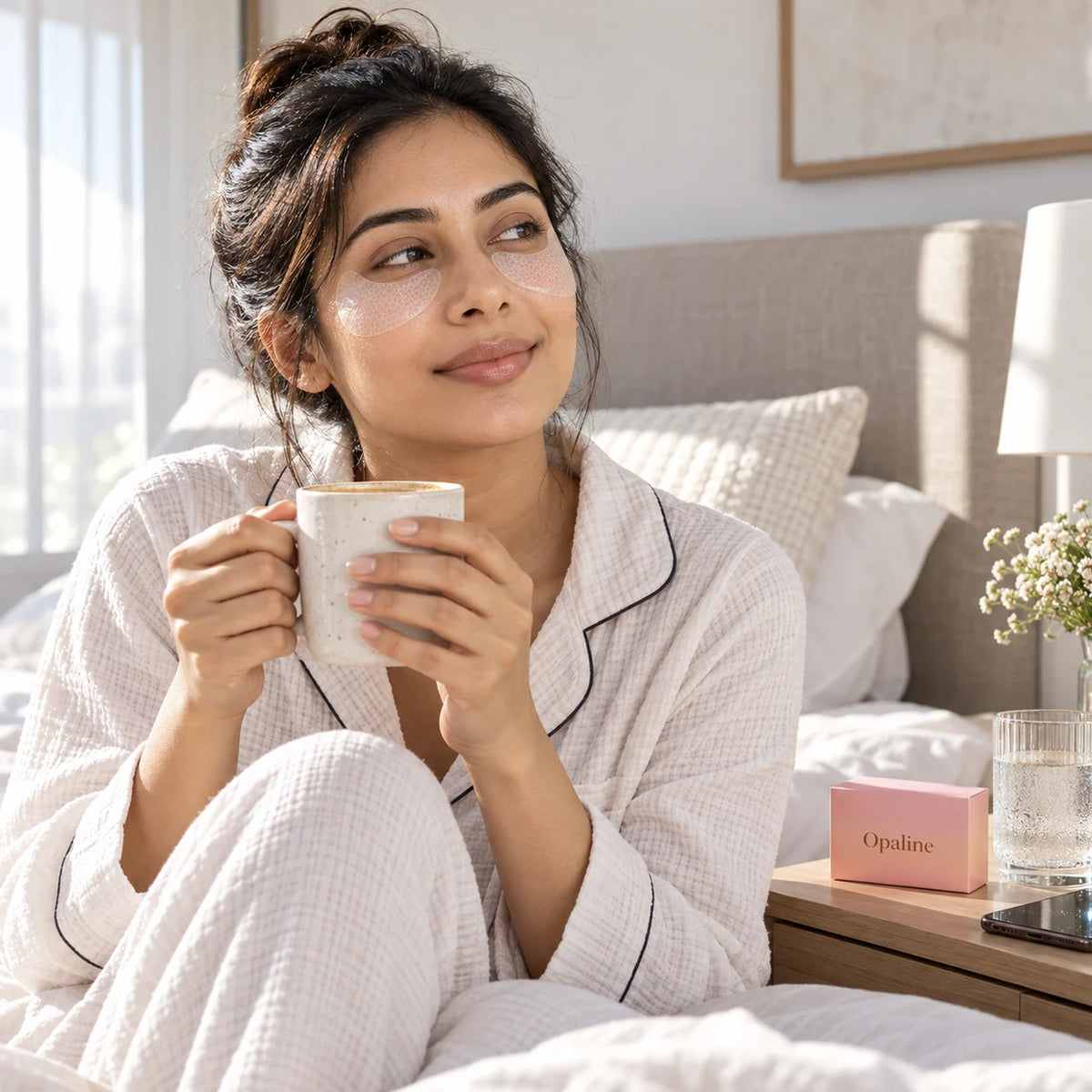 Morning routine: Opaline eye patches with a cup of coffee